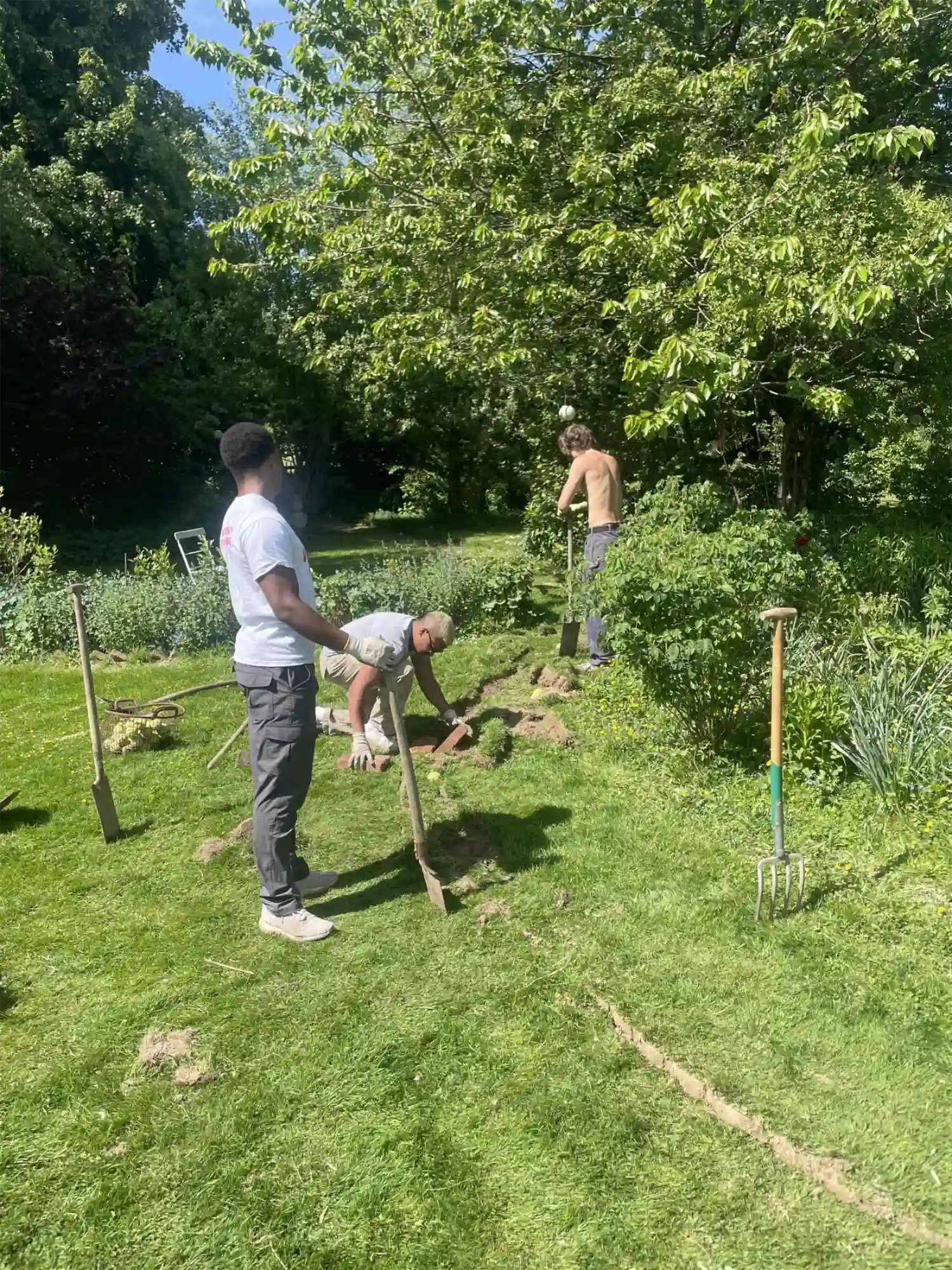 Drei Personen legen im Garten ein neues Beet an, Werkzeug steht in der Wiese.