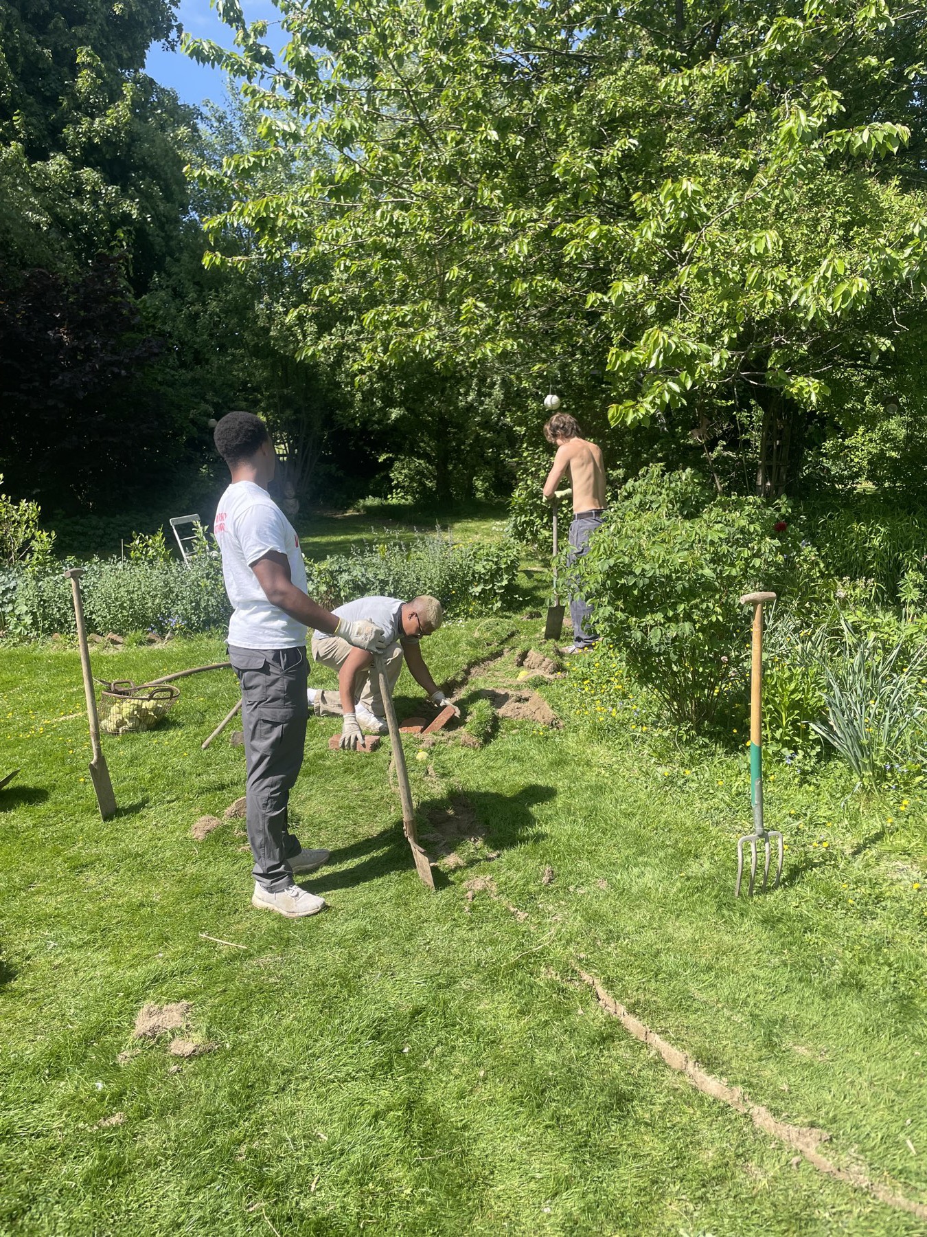 Drei Personen legen im Garten ein neues Beet an, Werkzeug steht in der Wiese.