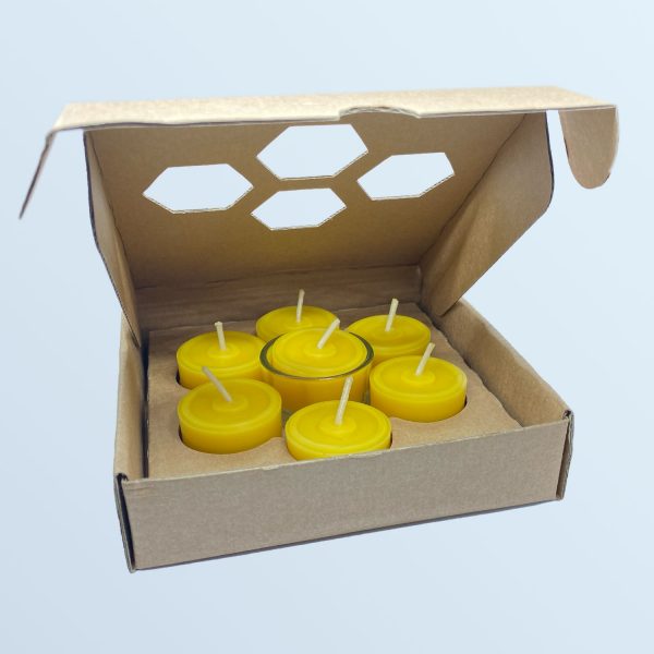 geöffnete Schachtel mit sieben handgegossenen Teelichtern aus Bienenwachs und einem Weck-Teelichtglas